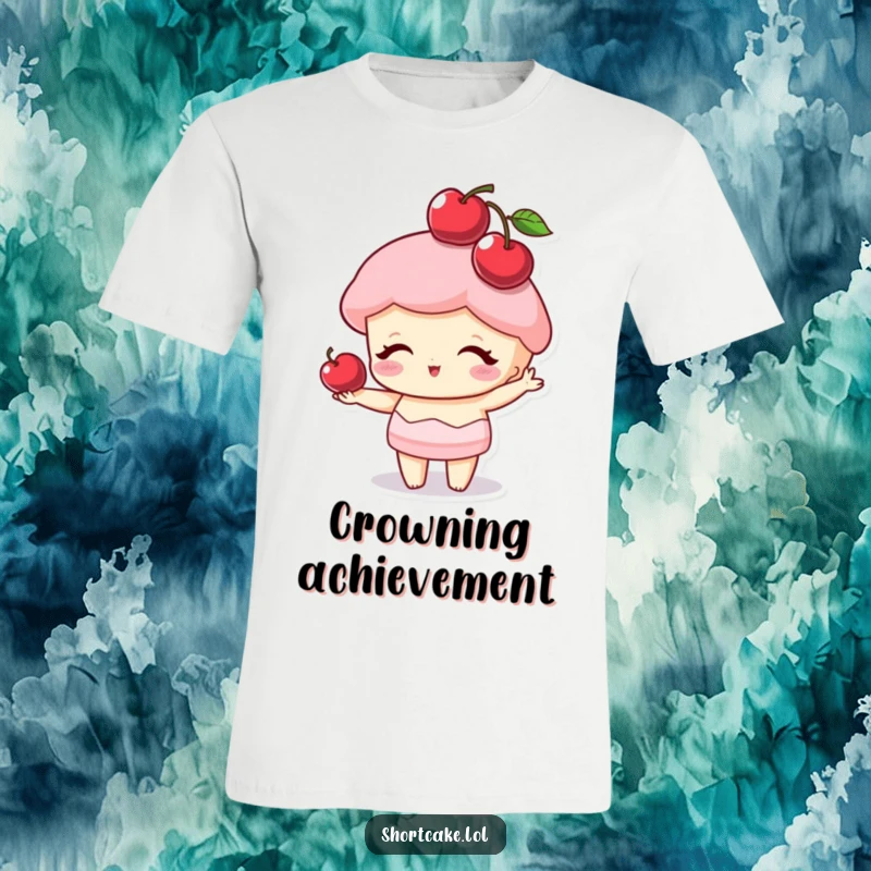 Funny shortcake character balancing a cherry on its head like a hat, a humorous t-shirt for dessert lovers.