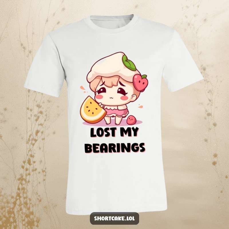 Funny T-shirt showcasing a shortcake character looking utterly confused with a misplaced fruit slice.