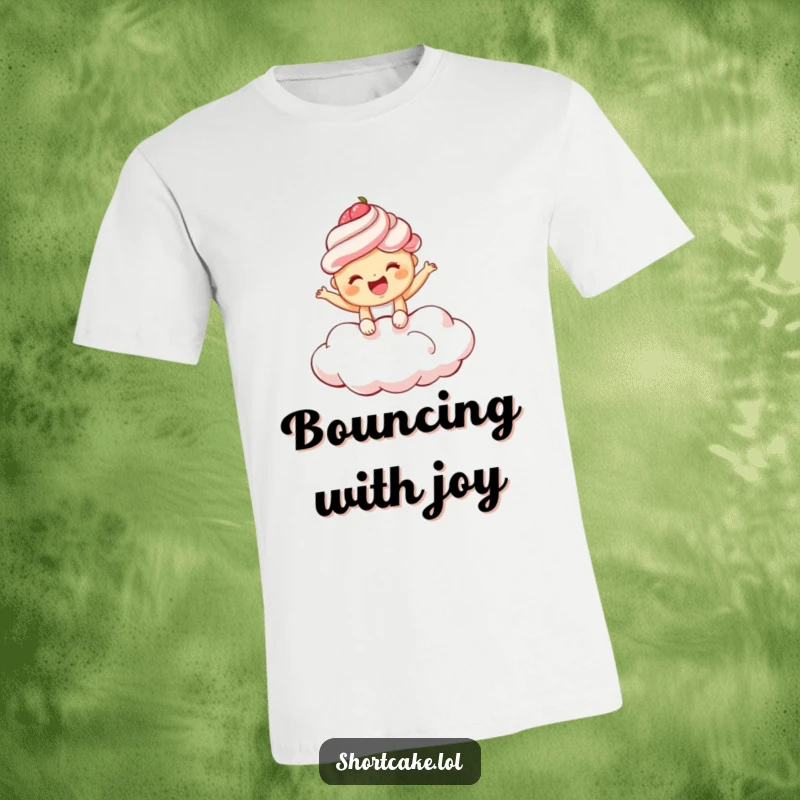 Funny shortcake t-shirt displaying a giggling shortcake bouncing enthusiastically on a fluffy cloud, great for a joyful look.