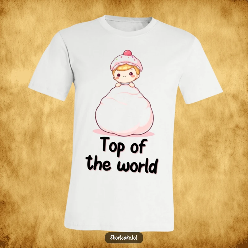 Funny shortcake t-shirt, sitting on meringue, happy and content, sweet character, humorous apparel.