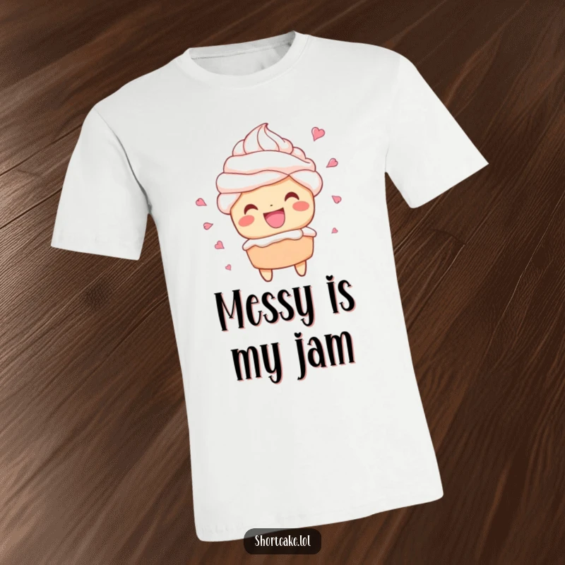 Funny T-shirt showing a shortcake character with a huge grin, whipped cream exploding around them.