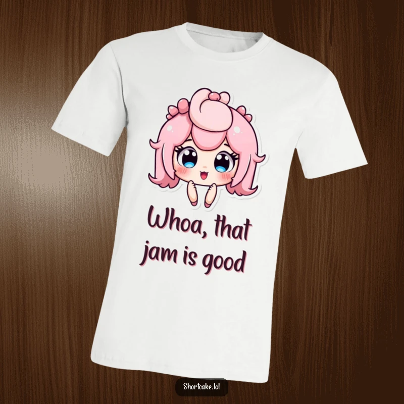 Funny shortcake character t-shirt, looking surprised with wide, jammy eyes, sweet shock graphic, perfect funny gift.