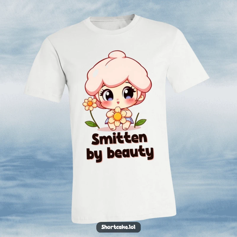 Funny Shortcake T-Shirt with a character sporting wide, delighted eyes, admiring a delicate flower with pure fascination.