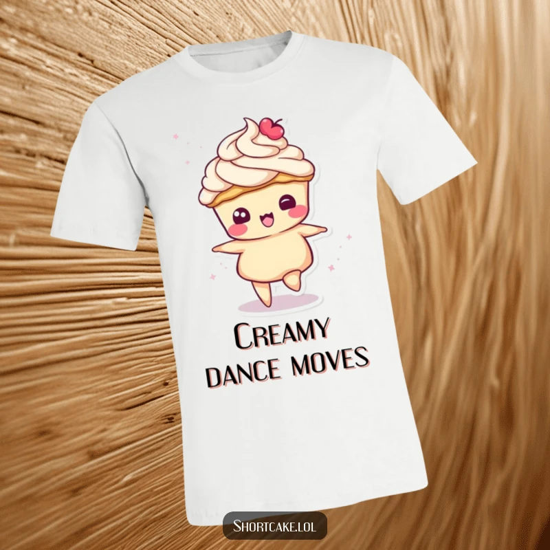 Funny T-shirt showing a shortcake slice character doing a playful spin, its cream topping creating a delightful swirl.