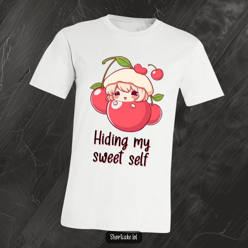 Funny T-Shirt with a shortcake character playfully peeking from behind a large, vibrant cherry, combining sweetness and humor.