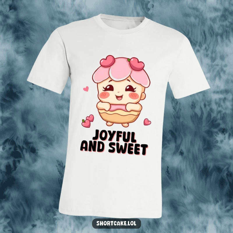 Funny shortcake with rosy cheeks giggling t-shirt, a joyful dessert character with infectious laughter, perfect for happy occasions.