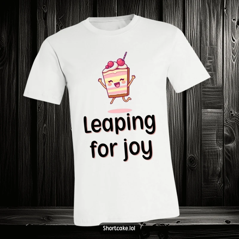 Funny Shortcake Slice T-Shirt featuring a character leaping with pure happiness and a dessert-themed joyful expression.
