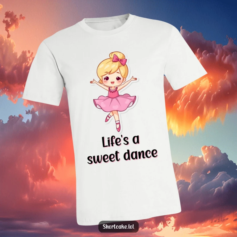 Funny t-shirt showcasing a shortcake character in a dynamic ballet twirl, embodying sweet grace and humor.