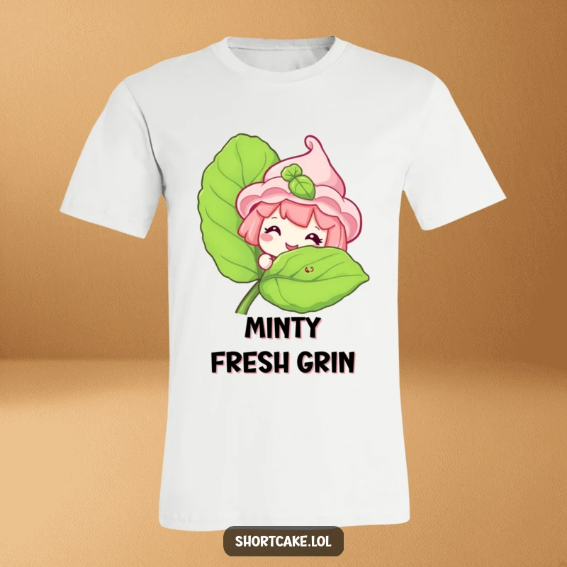 Funny Shortcake T-Shirt with a sweet shortcake character peeking with a grin from behind a large mint leaf.