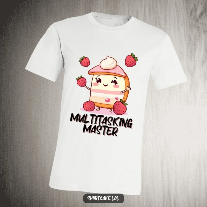 Funny shortcake t-shirt displaying a smiling slice expertly juggling three small berries, perfect for a cheerful and humorous look.