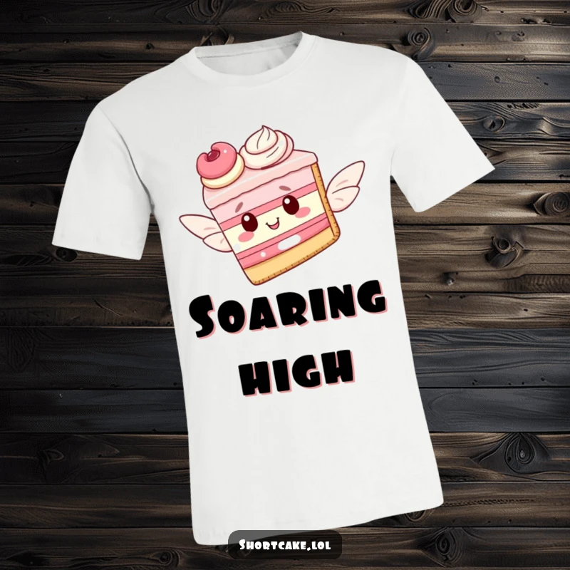 Funny t-shirt graphic of a shortcake slice with beautifully crafted pastry wings, attempting a whimsical flight against a dreamy backdrop.