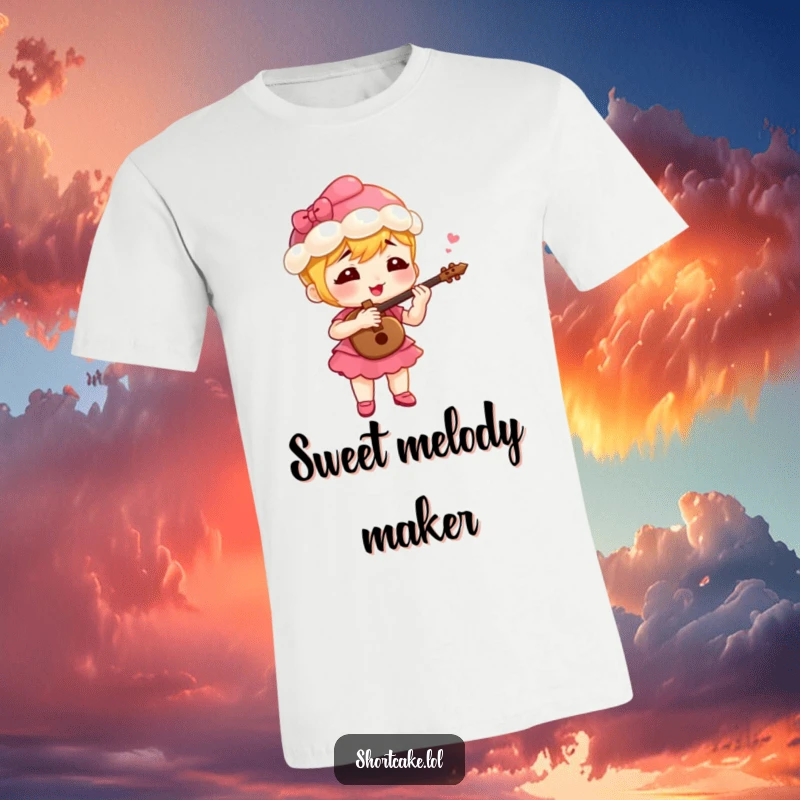 Funny shortcake character playing a small fife with gusto, a humorous t-shirt for music lovers and dessert fans.