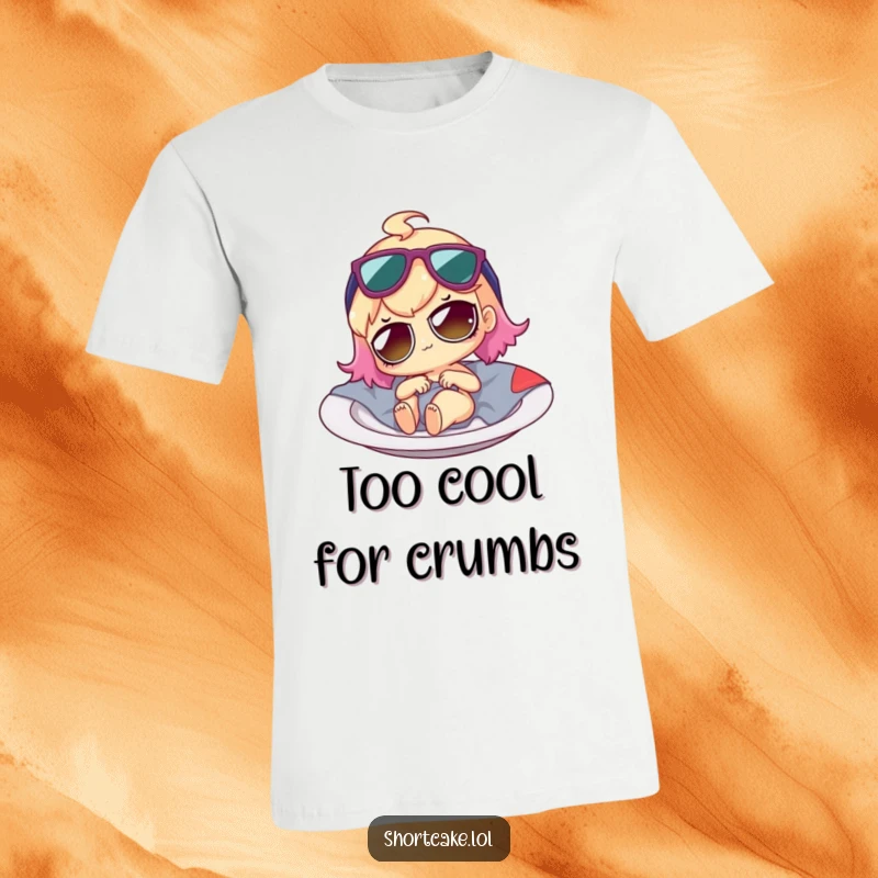 Funny shortcake character in tiny sunglasses, lounging on a plate like a sunbed, exuding a cool and relaxed demeanor.