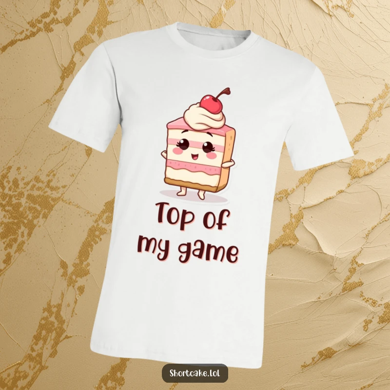 Funny t-shirt graphic of a shortcake slice posing confidently, cherry perfectly placed, radiating dessert sass and humor.