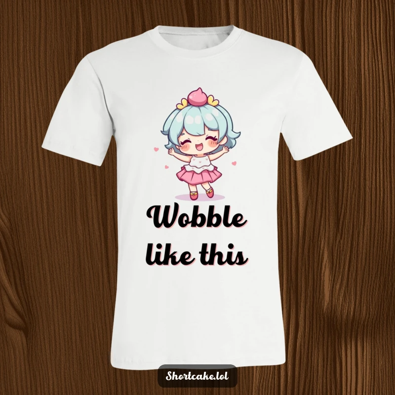 Funny T-shirt showing a shortcake character performing a delightful, yet wobbly, dance.
