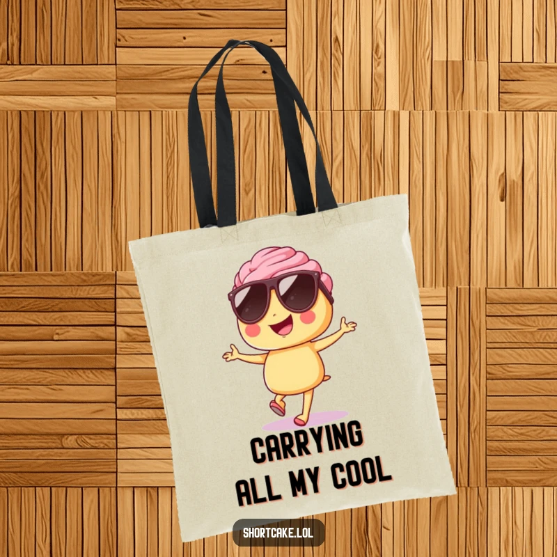 Funny shortcake tote bag, sunglasses, hopping proudly, confident and cheerful, perfect for shopping, humorous.