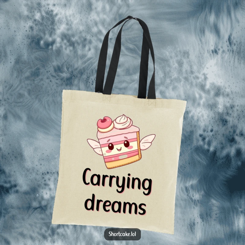 Funny tote bag illustration of a shortcake slice with delicate pastry wings, taking flight with a hopeful expression, ready for adventure.