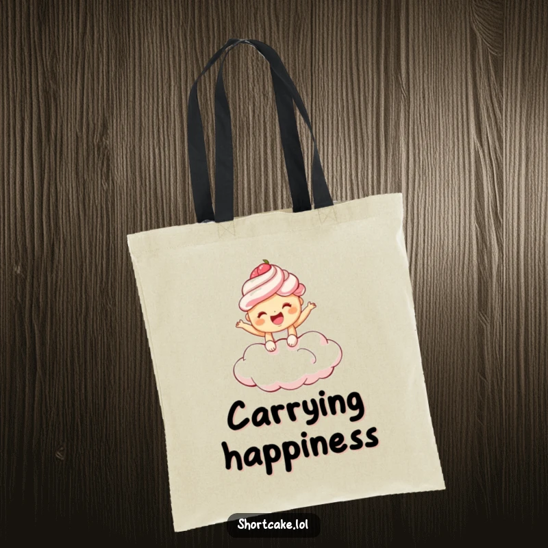 Funny shortcake tote bag showing a giggling shortcake bouncing enthusiastically on a fluffy cloud, a perfect blend of sweet and humorous style.