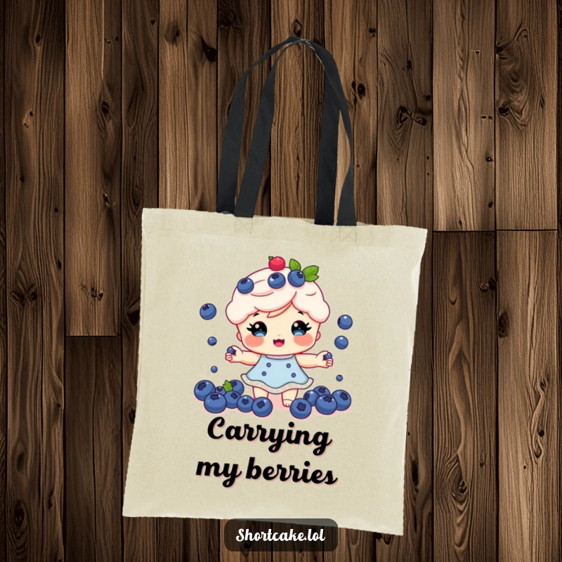 Funny Shortcake Tote Bag: A shortcake character juggling tiny blueberries, perfect for carrying groceries with a smile.