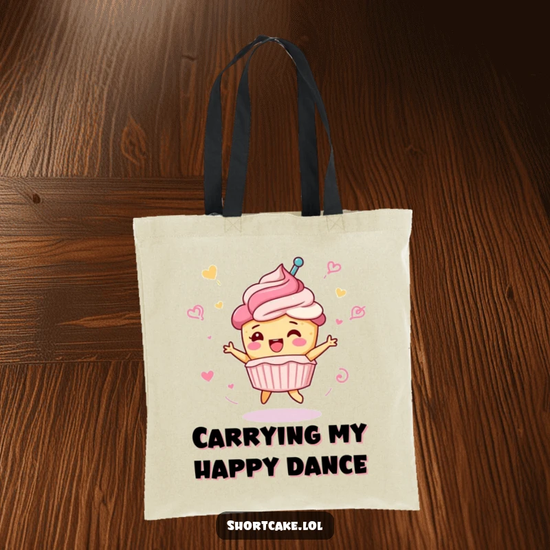 Funny shortcake character tote bag, depicted in a celebratory spin with frosting swirls, cute dessert illustration, practical funny gift.