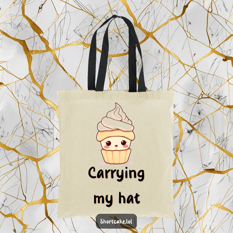 Funny Shortcake Hat Tote Bag with a cute dessert character wearing a tiny whipped cream hat, a stylish and funny gift accessory.
