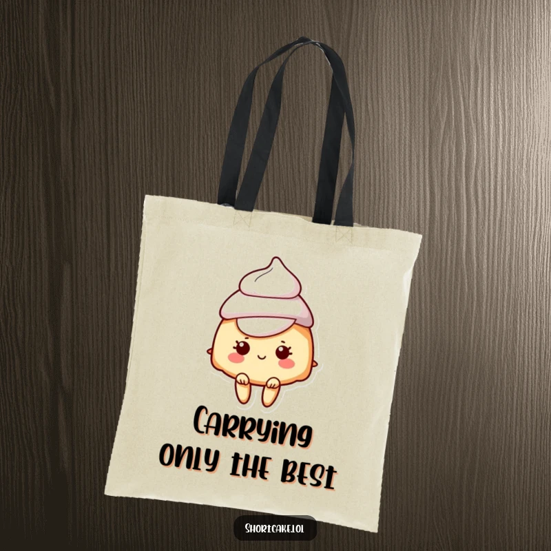 Funny tote bag with a shortcake character sporting a fluffy cream hat, perfect for shopping and daily use.