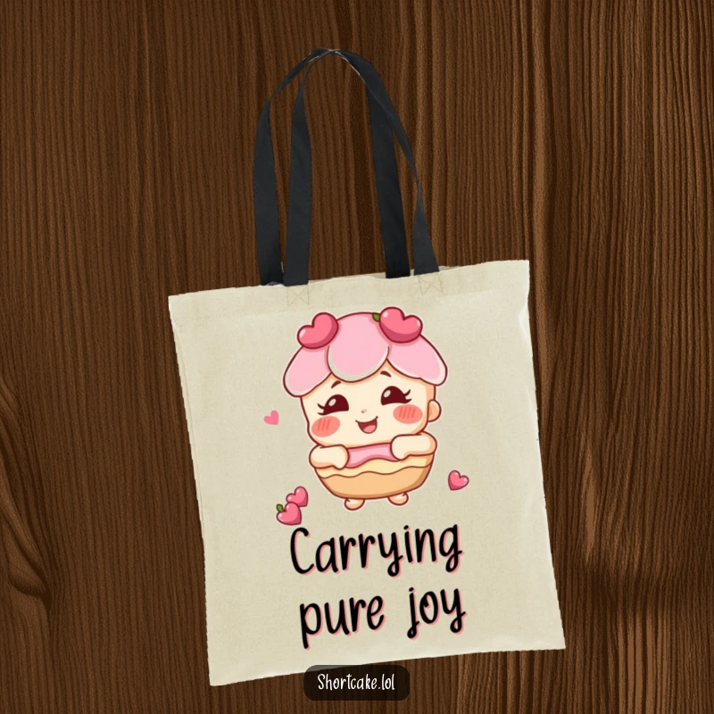 Funny shortcake with rosy cheeks giggling tote bag, a joyful dessert character with a contagious laugh, perfect for carrying smiles.