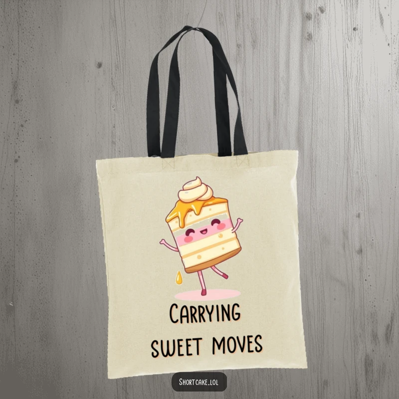 Funny Tote Bag featuring a shortcake slice doing an elegant pirouette, syrup trail adding humor and charm.