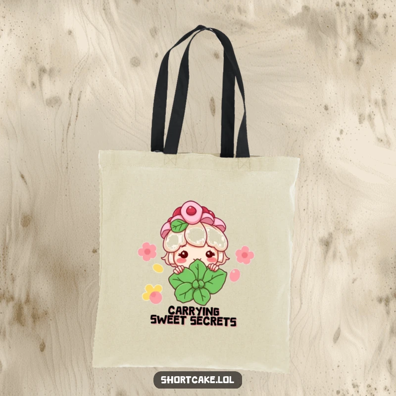 Funny Shortcake Tote Bag: A shortcake character peeks from behind a mint leaf with a grin, a charming accessory for dessert lovers.