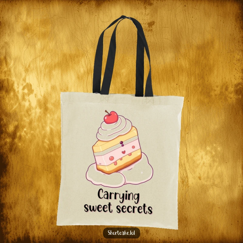 Funny tote bag showcasing a shortcake slice making a speedy, joyful descent down a whipped cream slope, ready for groceries.