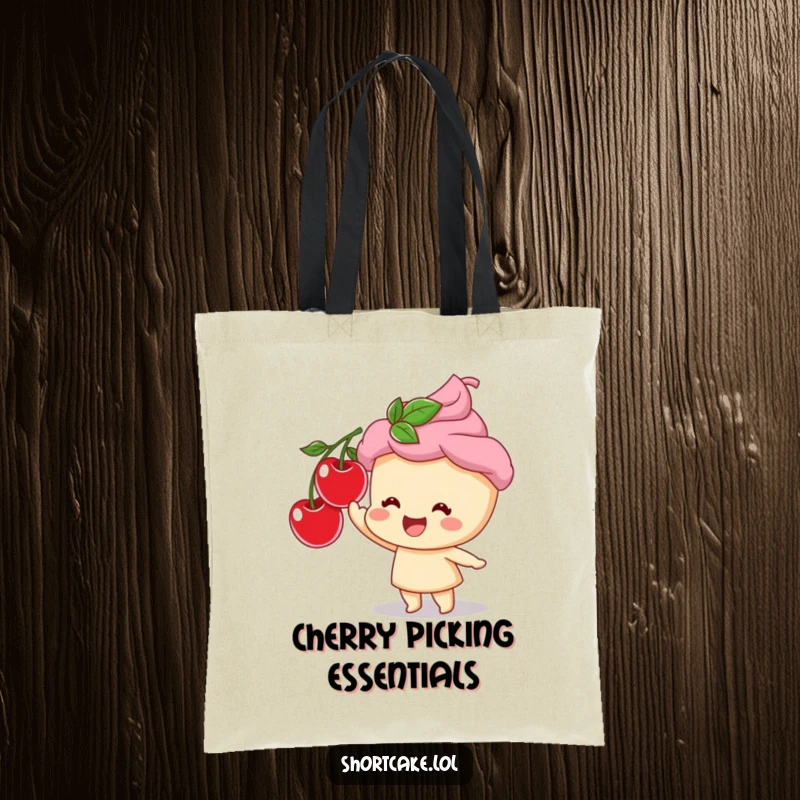 Funny tote bag depicting a cheerful shortcake character enthusiastically reaching for a plump cherry, perfect for daily use.