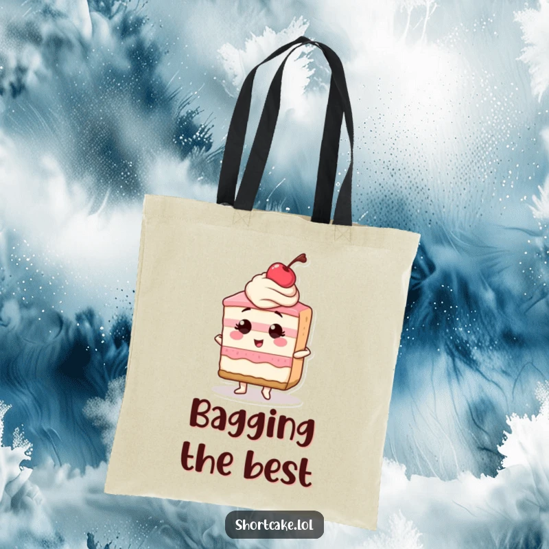 Funny tote bag illustration of a shortcake slice posing proudly with a cherry on top, exuding confidence and sweet style.