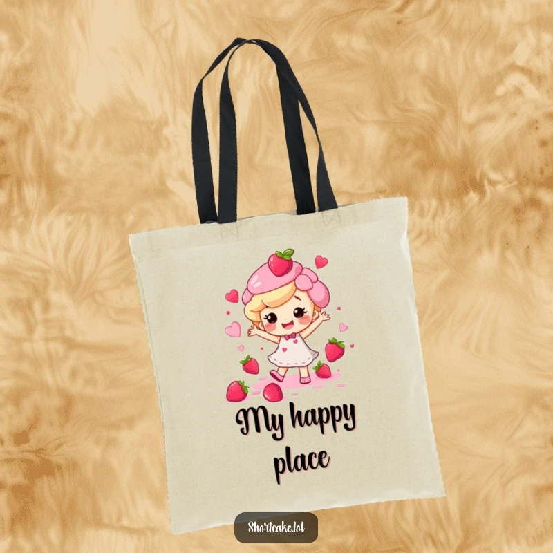 Funny happy shortcake character dancing energetically with berry juice splatters, shown on a stylish tote bag.