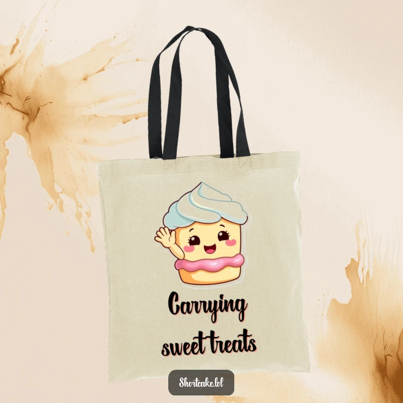 Funny happy shortcake waving tote bag, a cheerful dessert with a welcoming wave, perfect for carrying treats and smiles.