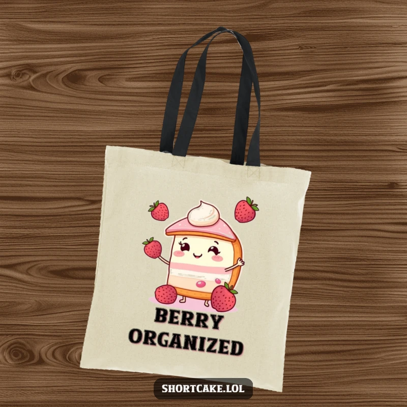 Funny shortcake tote bag showing a smiling slice juggling three small berries, a perfect blend of sweet and humorous style.