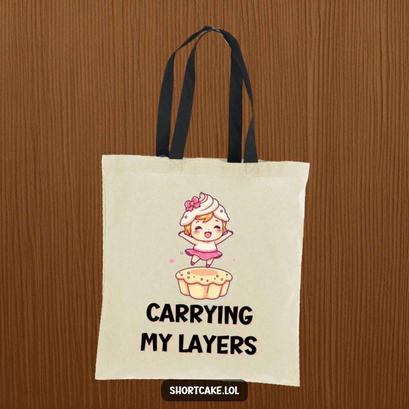 Funny Leaping Shortcake Tote Bag showing a dessert character mid-leap, a stylish and funny gift for everyday use.