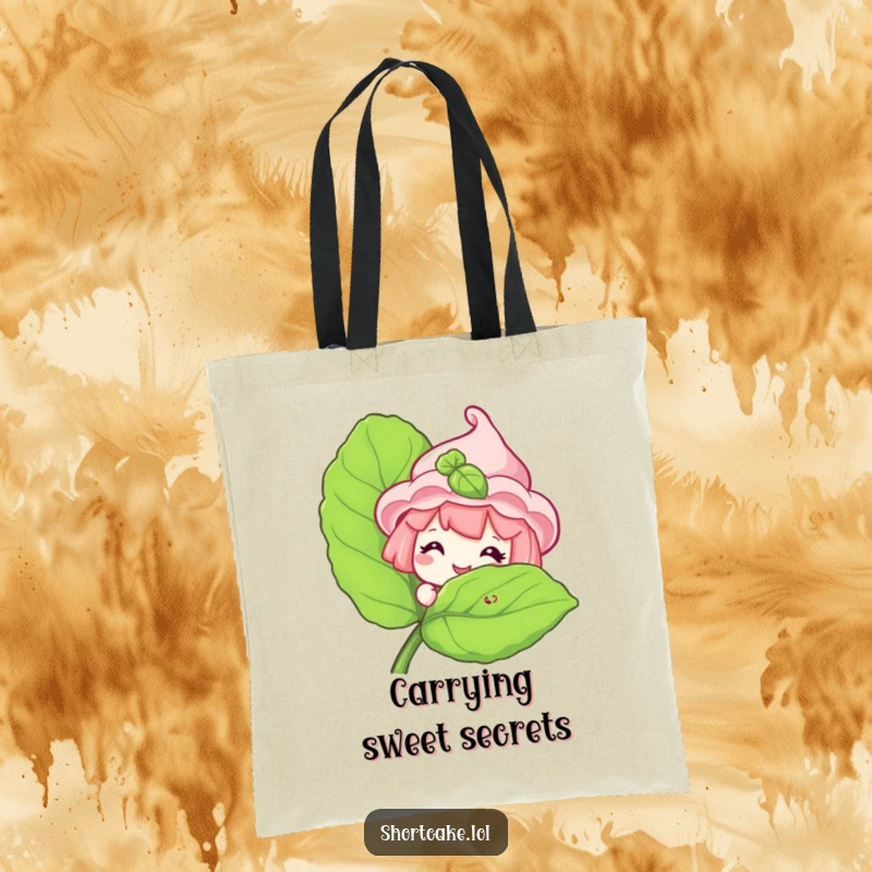 Funny Shortcake Tote Bag showcasing a sweet shortcake character peeking with a grin from behind a mint leaf.