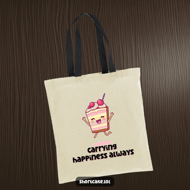 Funny Shortcake Slice Tote Bag with a happy character jumping gleefully, ideal for carrying goodies with a sweet, funny touch.