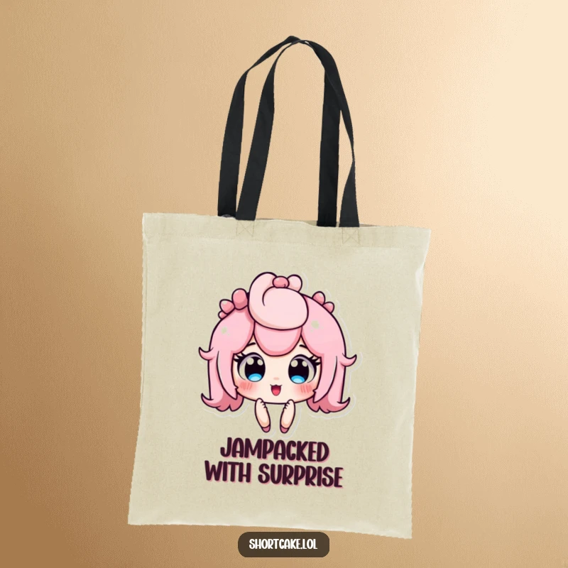 Funny shortcake character tote bag, depicted looking surprised with wide, jammy eyes, cute dessert illustration, practical funny gift.