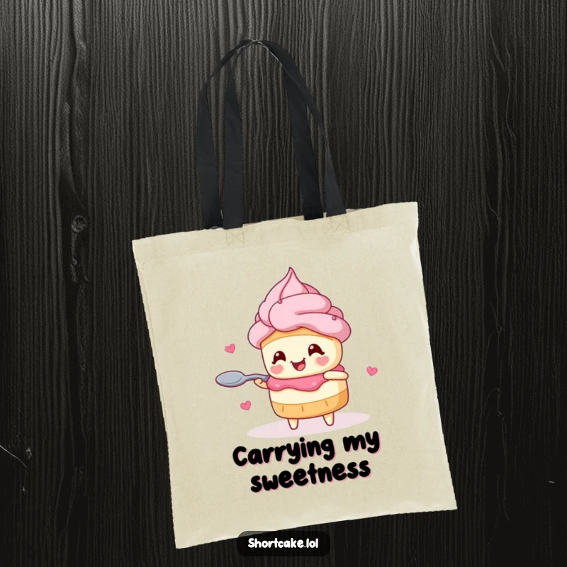 Funny shortcake tote bag featuring a joyful character with heart eyes twirling a spoon, a cute and practical accessory.
