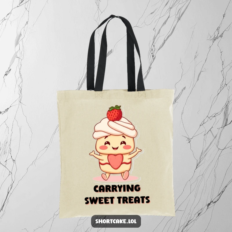 Funny Shortcake Tote Bag: A smiling shortcake character with a strawberry on top wiggling its feet happily.