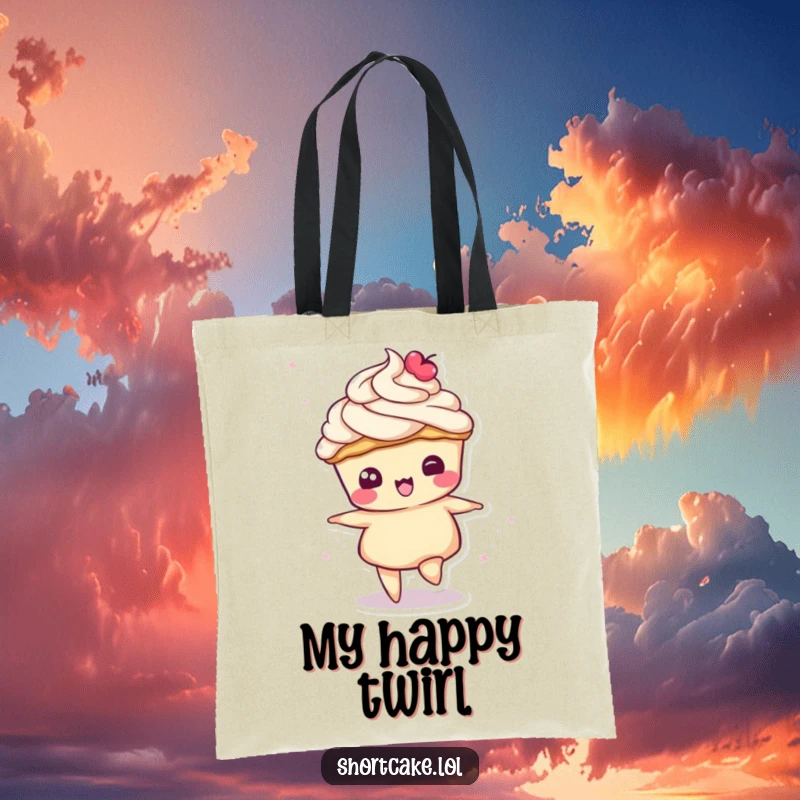 Funny tote bag with a shortcake slice character in a joyful spin, its cream topping swirling, ideal for carrying items.
