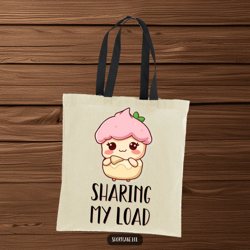 Funny tote bag with a shortcake slice character offering a bite with a sweet expression, ideal for carrying essentials.