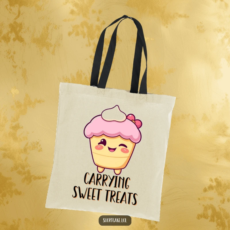 Funny tote bag with a shortcake character winking playfully, carrying essentials with a sweet and humorous flair.