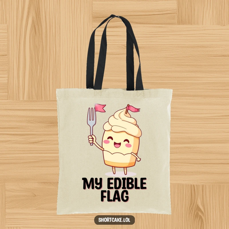 Funny tote bag with a jubilant shortcake character waving a miniature fork flag, carrying essentials with enthusiasm.
