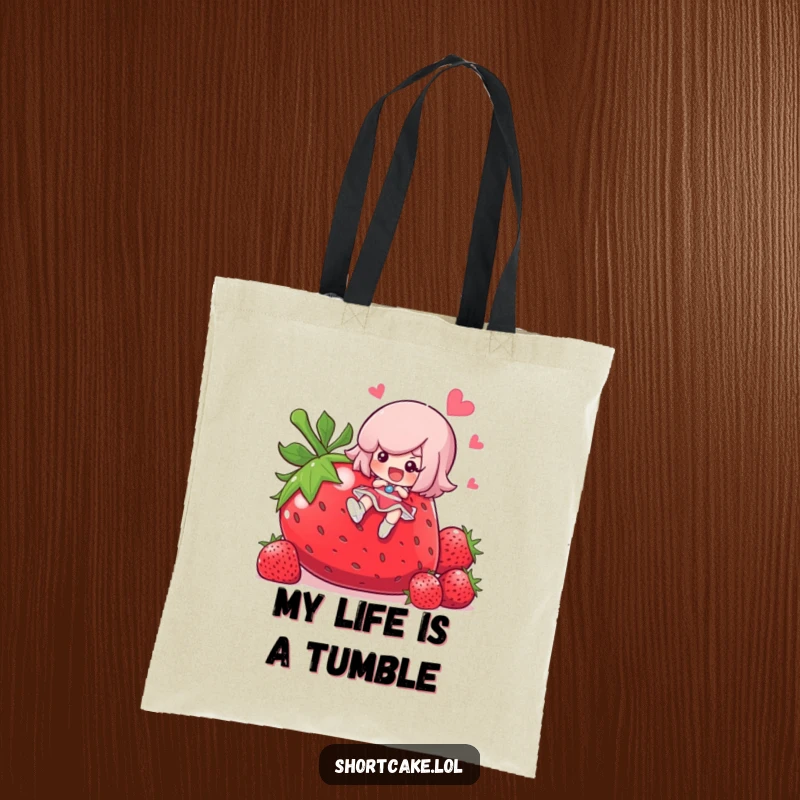 Funny shortcake character slipping on a giant strawberry, cute dessert tote bag, durable and stylish accessory, a funny gift.