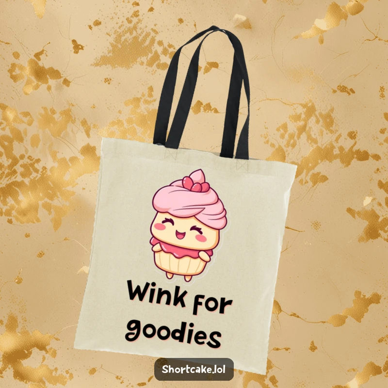 Funny tote bag featuring a shortcake character delivering a charming wink, perfect for carrying items with a hint of playful humor.